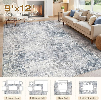 Abstract Living Room Rug 9x12 - Modern Washable Soft Thin Area Rug for Living Room Bedroom Under Dining Table - Neutral Indoor Floor Rug Carpets for Home Office Playroom Nursery - Blue Grey
