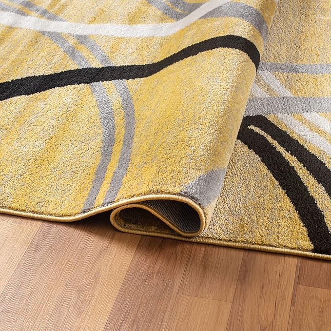 Rugshop Wavy Circles Design Area Rug, Carpet with Jute Backing for Living Room, Bedroom, or Dining Room, Yellow, 5'3" x 7'3"
