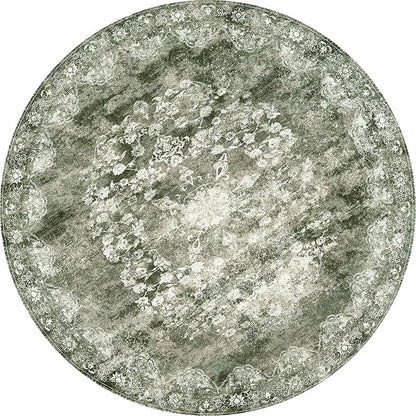 jinchan Round Rug 7ft Area Rug - Green Vintage Floor Mat Kitchen Indoor - Washable Circle 7' Thin Floral Print Christmas Carpet Retro Farmhouse Non Slip Dining Room Living Room Bedroom Office