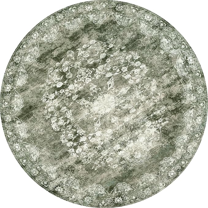 jinchan Round Rug 4ft Area Rug - Green Vintage Floor Mat Kitchen Indoor - Washable Circle 4' Thin Floral Print Christmas Carpet Retro Farmhouse Non Slip Dining Room Living Room Bedroom Office