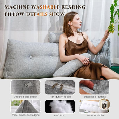 Headboard Pillow King Size, Triangular Wedge Backrest with Removable Head Roll & Side Pocket, 100% Linen Reading Pillow for Bed, Couch, Floor - Ergonomic Support for Neck, Back,Grey