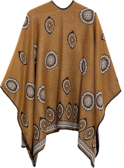Women's Vintage Pattern Open Front Poncho Cape Shawl Winter Shawl Wraps