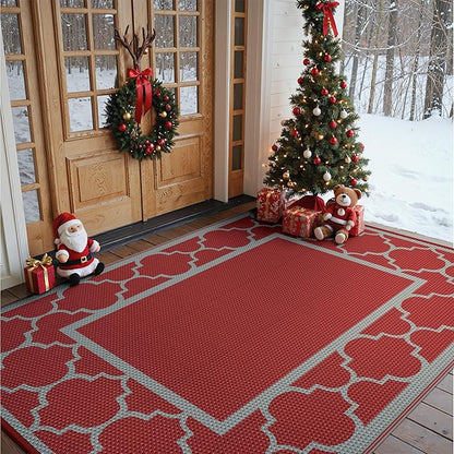 GENIMO 6' x 9' Outdoor Rug Waterproof for Patio Christmas Decor, Foldable Reversible Plastic Straw Area Rugs Mat for Camper, Outside Carpet for Rv, Deck, Porch, Picnic, Beach, Balcony, Red & Grey