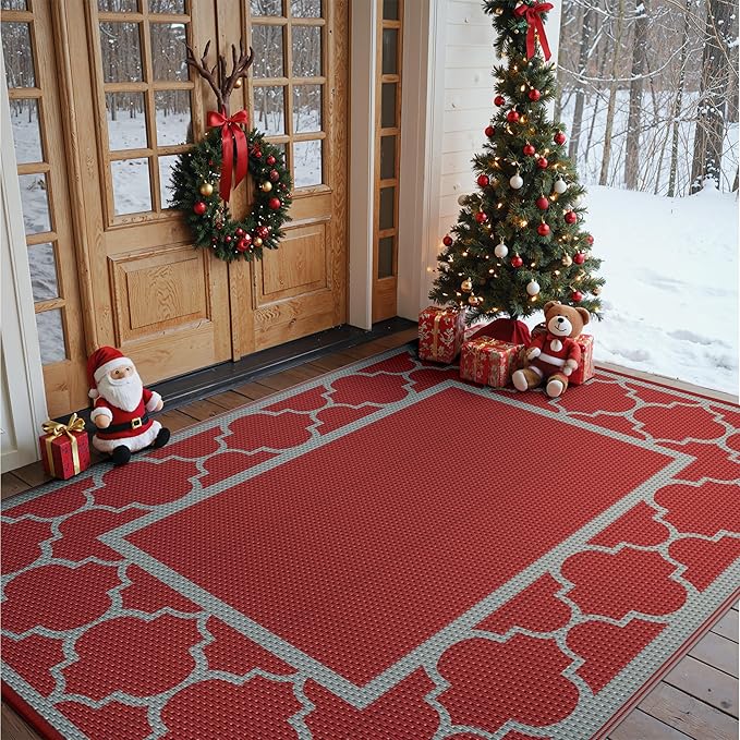 GENIMO 5' x 8' Outdoor Rug Waterproof for Patio Christmas Decor, Foldable Reversible Plastic Straw Area Rugs Mat for Camper, Outside Carpet for Rv, Deck, Porch, Picnic, Beach, Balcony, Red & Grey
