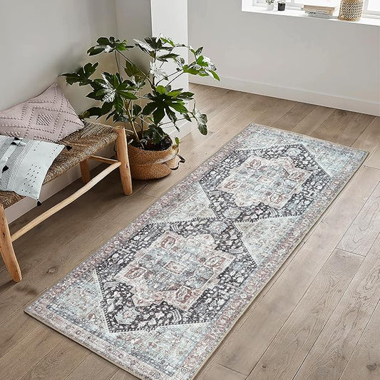 Bloom Rugs Washable Non-Slip 7 ft Runner - Charcoal/Brown Traditional Medallion Runner for Entryway, Hallway, Bathroom, and Kitchen - Exact Size: 2.5' x 7'