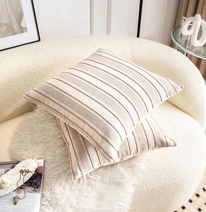 Decorative Boho Throw Pillow Covers, Farmhouse Textured Pillow Case, 22 x 22 Inch Set of 2, Chair Sofa Bedroom Living Room Home Decor Couch Cushion Case, Taupe and Beige Striped
