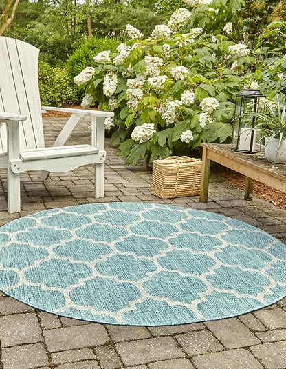 Unique Loom Outdoor Trellis Collection Area Rug (7' 10" Round, Aquamarine/ Gray)