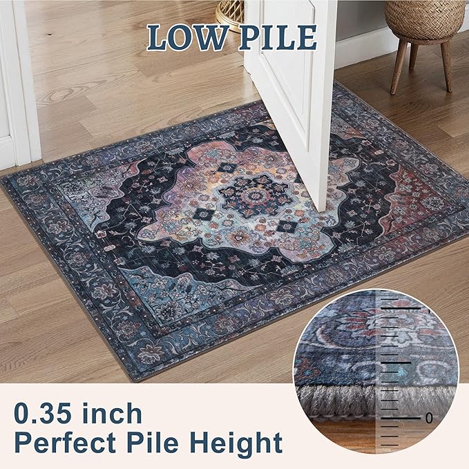 6x9 Area Rug Washable Rug for Living Room, Vintage Rug Indoor Non Slip Large Area Rugs, Print Distressed Brown Carpet, Soft Low Pile Foldable for Dining Room Bedroom Office Navy/Multi