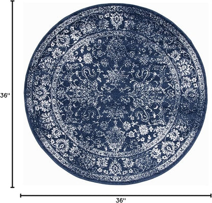 SAFAVIEH Adirondack Collection Area Rug - 3' Round, Navy & Ivory, Distressed Vintage Floral Design, Non-Shedding & Easy to Clean, Ideal for Living Room, Bedroom, Dining Space (ADR109N)