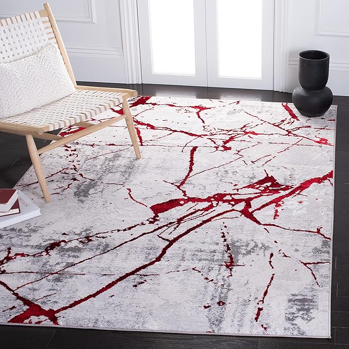 SAFAVIEH Amelia Collection Area Rug - 5'5" x 7'7", Grey & Red, Modern Abstract Design, Non-Shedding & Easy Care, Ideal for High Traffic Areas in Living Room, Bedroom (ALA293L)