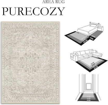 Beige 4x6 Area Rug Washable Vintage Carpet for Office Living Room Soft Retro Floral Low Pile Thin Indoor Rug Non Slip Central Medallion Floor Cover for Bedroom Kitchen Dining Room