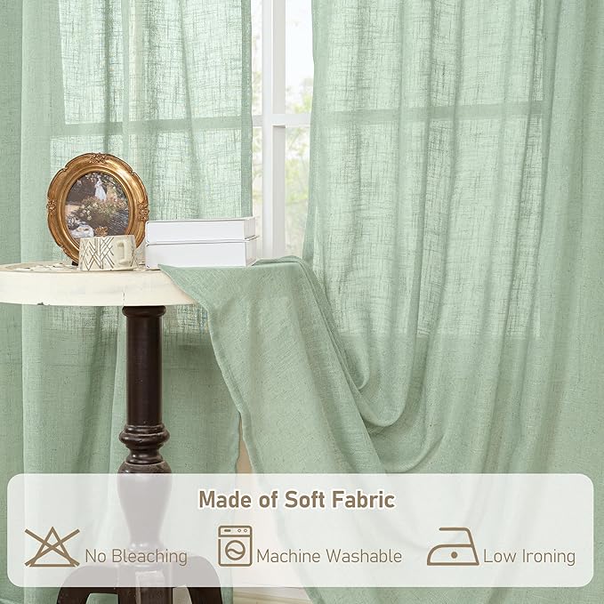 LAMIT Fresh Green Linen Curtains for Living Room, 84 inch Length Light Filtering Semi Sheer Drapes Back Tab and Rod Pocket Farmhouse Panels for Bedroom, 2 Panels, 34 x 84 Inch