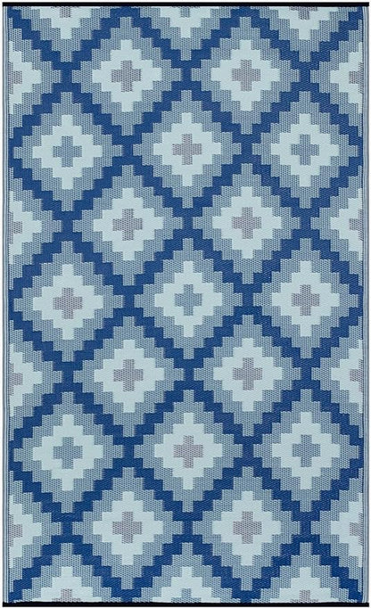FH Home Outdoor Rug - Waterproof, Fade Resistant, Reversible - Premium Recycled Plastic - Geometric - Patio, Deck, Porch, Balcony, Laundry Room - Aztec Kilim - Blue Multi Crease Free - 4 x 6 ft