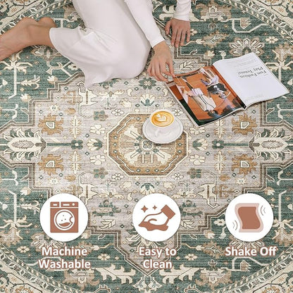 Round Rug Living Room Rugs: 6x6 Washable Boho Neutral Large Circle Soft Indoor Distressed Stain Resistant Floor Farmhouse Carpet for Bedroom Nursery Kids Playroom Office Dining Room Dorm- Green