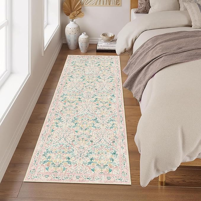 MUJOO Washable Runner Rug Pink,Floral 2x6 Runners for Hallway Kitchen Bedroom Bedside Bathroom Laundry Room,Long Non Slip Throw Carpet Boho Indoor Botanical Vintage Ultra-Thin