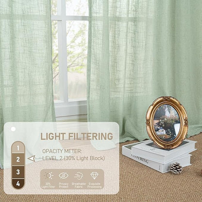 LAMIT Linen Curtains 30 Inch Length for Cafe, Semi Sheer Light Filtering Panels Back Tab and Rod Pocket Neutral Drapes for Basement/Window/Loft Room, Fresh Green, 2 Panels, 34 x 30 Inch
