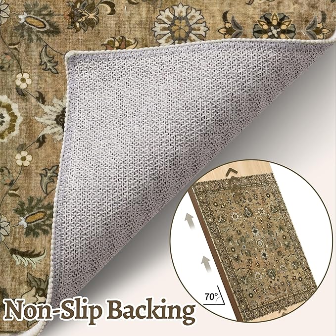 Tangsoo 3x5 Rug Floral Rug for Bedroom, Washable Vintage Rugs Indoor, Non Slip Accent Rug, Print Distressed Brown Carpet, Soft Low Pile Area Rug for Living Room Dorm Bedroom Bedside Entryway
