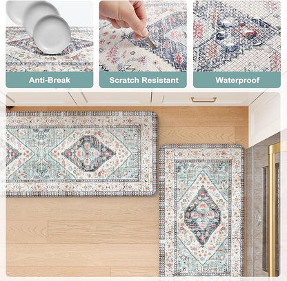 KIMODE Anti Fatigue Kitchen Mats,Boho Vintage Kitchen Rugs Sets of 2,Non Slip Waterproof Kitchen Floor Mats,Ergonomic Cushioned Comfort Standing Mat for Laundry,Office,Sink,Desk,Blue