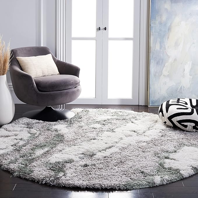 SAFAVIEH Horizon Shag Collection Area Rug - 6'7" Round, Grey & Green, Modern Abstract Design, Non-Shedding & Easy Care, 2.6-inch Thick Ideal for High Traffic Areas in Living Room, Bedroom (HZN890Y)