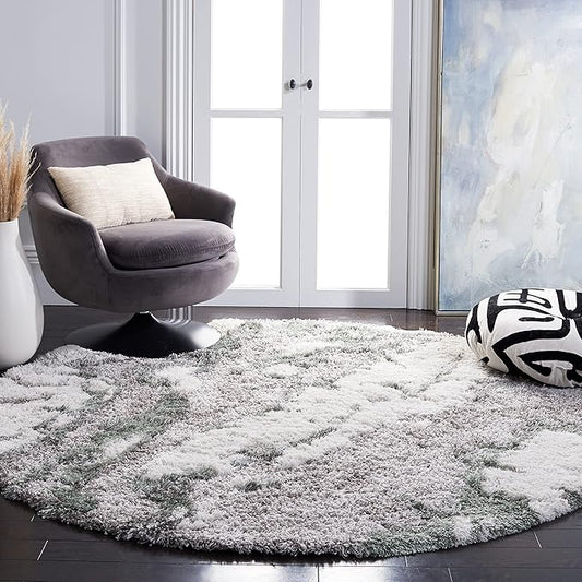SAFAVIEH Horizon Shag Collection Area Rug - 6'7" Round, Grey & Green, Modern Abstract Design, Non-Shedding & Easy Care, 2.6-inch Thick Ideal for High Traffic Areas in Living Room, Bedroom (HZN890Y)