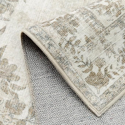 8x10 Area Rug Beige Washable Vintage Distressed Living Room Carpet Large Bedroom Indoor Medallion Floral Non Slip Retro Throw Floor Mat for Office Dining Room Kitchen Bathroom