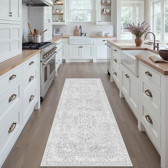 Grey 2x6 Runner Rug Washable Vintage Long Carpet for Hallway Kitchen Soft Retro Floral Low Pile Indoor Runner Non Slip Central Medallion Throw Rug for Bathroom Bedroom Laundry Dining Room