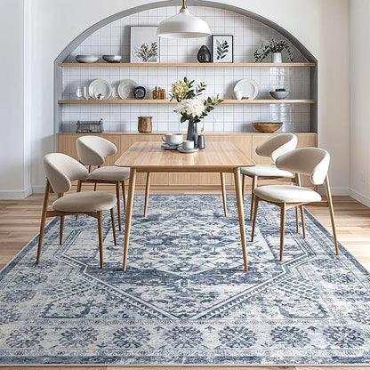 Vintage Living Room Area Rug 9x12 - Large Soft Washable Oriental Traditional Distressed Farmhouse Rugs for Bedroom - Indoor Floor Accent Carpet for Home Office House Decor - Distressed Blue