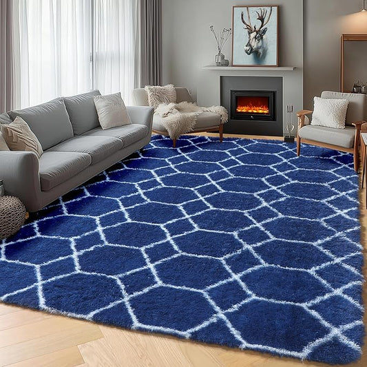 ONASAR Geometric Area Rugs 5x8 for Living Room, Fluffy Moroccan Navy and White Rug for Boys Bedroom Home Decor Aesthetic, Soft Shaggy Plush Floor Carpet for Kids Girls Teen Nursery Playroom Office