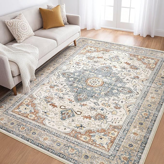 5x8 Area Rug Living Room: Washable Boho Large Neutral Vintage Soft Rugs Stain Resistant Distressed Farmhouse Non-Slip Indoor Floor Carpet for Bedroom Nursery Kids Office Dining Room- Beige Blue