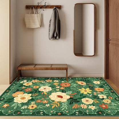 DUKINO 4x6 Area Rug, Lightweight Non Slip Washable Floral Rug, Indoor Low Pile & Non-Shedding Boho Design Rugs for Bedroom, Living Room, Dining Room, Dark Green