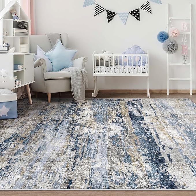 Area Rugs 5x7 for Living Room: Washable Rug Modern Abstract Neutral Soft Non-Slip Low-Pile Indoor Carpet for Bedroom Dining Room Playroom Home Office (Blue Grey Brown, 5'x7')