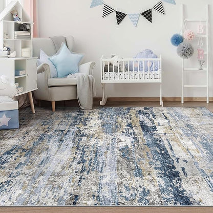 Area Rugs 5x7 for Living Room: Washable Rug Modern Abstract Neutral Soft Non-Slip Low-Pile Indoor Carpet for Bedroom Dining Room Playroom Home Office (Blue Grey Brown, 5'x7')