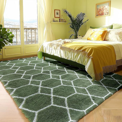 ONASAR 5x7 Area Rugs for Living Room Bedroom, Washable Fluffy Olive Green and White Throw Rug, Geometric Boho Soft Plush Shaggy Floor Carpet for Nursery Kids Girls Boys Teen Dorm Home Decor