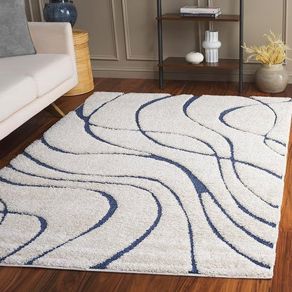 SAFAVIEH Florida Shag Collection Area Rug - 5'3" x 7'6", Cream & Blue, Non-Shedding & Easy Care, 1.2-inch Thick Ideal for High Traffic Areas in Living Room, Bedroom (SG471-1165)