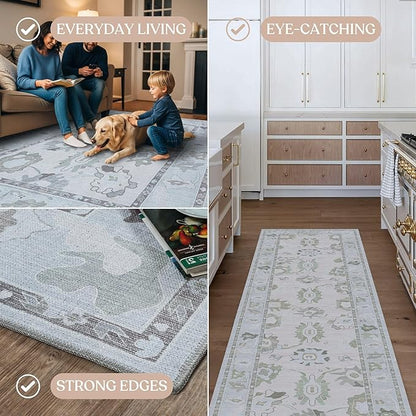 Fame Living Cream Beige Oushak Runner Rug, Modern Runners, Turkish, Eclectic, Floral, Pastel, Washable, Long Runner Rugs for Hallway, Kitchen, Living Room, Bedroom, Kitchen, Bathroom, 2'5"x13'