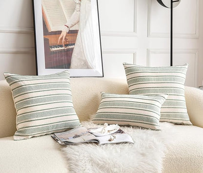 Decorative Boho Lumbar Throw Pillow Covers, Farmhouse Textured Pillow Case, 12 x 20 Inch Set of 2, Chair Sofa Bedroom Living Room Home Decor Couch Cushion Case, Green and Beige