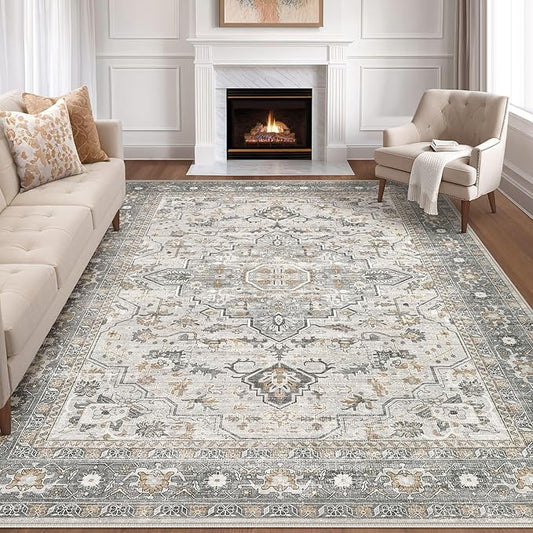 7x9 Area Rug Living Room: Washable Boho Large Neutral Vintage Soft Rugs Stain Resistant Distressed Farmhouse Non-Slip Indoor Floor Carpet for Bedroom Nursery Kids Office Dining Room- Taupe