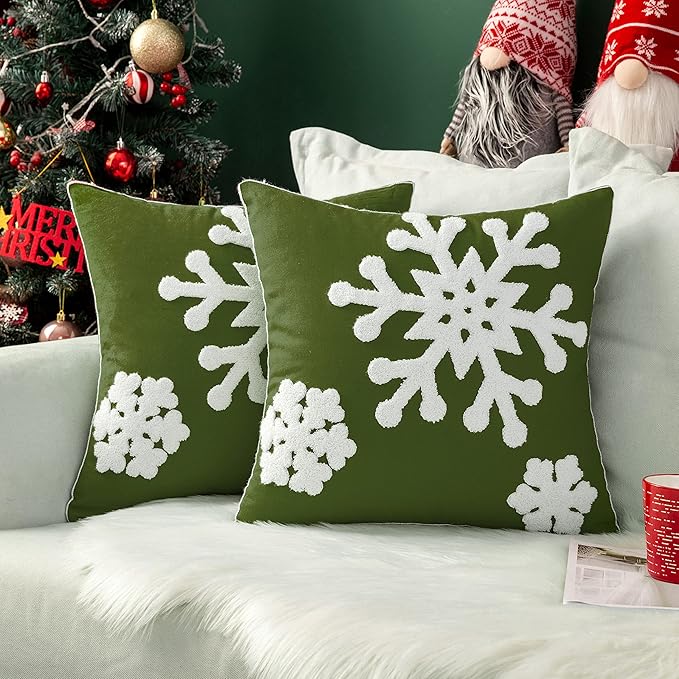 MIULEE Pack of 2 Christmas Decorative Snowflake Throw Pillow Covers Canvas Embroidery Winter Cushion Cases Holiday Decor Soft Pillowcases for Winter Couch Sofa Bedroom Car（Army Green, 20x20in）