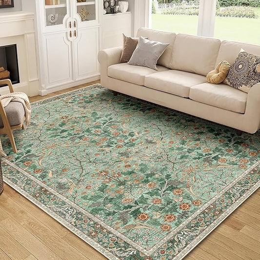 MUJOO Green 5x7 Area Rugs,Floral Washable Rug for Living Room Bedroom Office Dining Room,Large Throw Carpet,Boho Non Slip Indoor Floor Big Soft Botanical Vintage Ultra-Thin