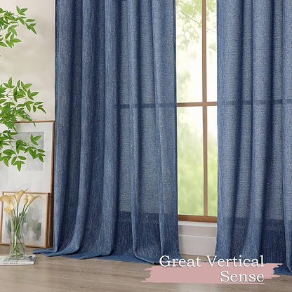Simplebrand Navy Blue Faux Linen Textured Curtains 63 Inch Length 2 Panels for Bedroom, Semi Sheer Light Filtering Privacy Farmhouse Curtains, Soft Thick Rod Pocket Window Drapes, 40W x 63L Inch
