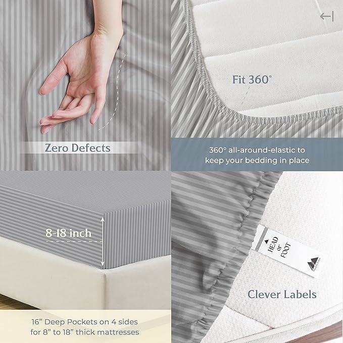 Mayfair Linen 100% Cotton Striped Sheets Split King Size Bed Set - 500 Thread Count Damask Split King Sheets for Adjustable Bed, 5 PC Set (Silver Stripe), Cooling, Sateen 16" Deep Pocket Bedsheet