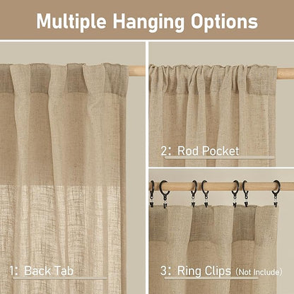 LAMIT Semi Sheer Linen Curtains 54 Inch Length 2 Panels, Brown Light Filtering Panels Back Tab and Rod Pocket Neutral Drapes for Kitchen/Window/Bedroom, 52 x 54 Inch