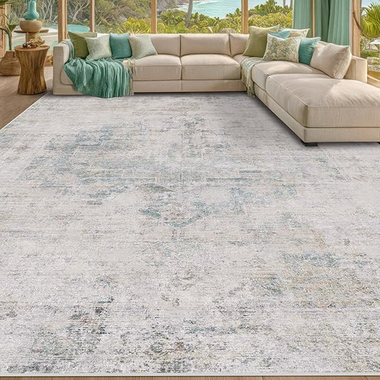 Light Blue Area Rugs 8x12 for Living Room - Abstract Medallion Blue Gray Rug for Bedroom, Dining Room Under Table, Washable Non Slip, Fade & Stain Resistance