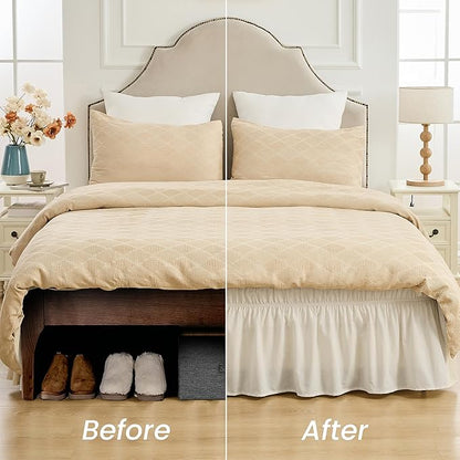 BISELINA Wrap Around Bed Skirts 17" Drop, Cotton Adjustable Elastic Dust Ruffles Easy Fit Wrinkle & Fade Resistant Soft Cozy Elegant Luxurious Bedding - White, Queen Size