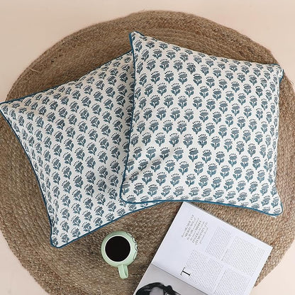 SheetKart Pure Cotton Throw Pillow Covers - Set of 2 - Hand Block Pure Cotton Printed Boho Decorative Pillow Covers - Cushion Covers for Living Room, Bohemian Theme, 18 x 18 Inches, Ocean Mist Teal