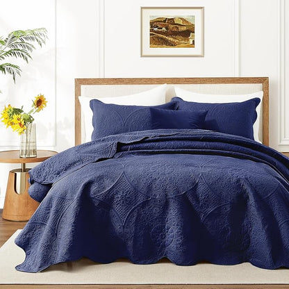 IR Imperial Rooms King Quilt Bedding Set Size (106" x 96") + 2 Pillow Shams (20" x 36"+ 2") - 3 Pcs All Season Lightweight Reversible Microfiber Coverlet Floral Embossed Quilt Bedspread (Blue)