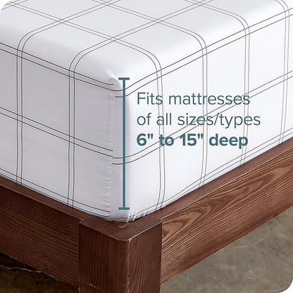 Bare Home Fitted Bottom Sheet Queen Size - Premium 1800 Microfiber - Ultra-Soft Hotel Luxury - Deep Pocket - Durable and Long Lasting (Queen, Modern Plaid - White/Grey)