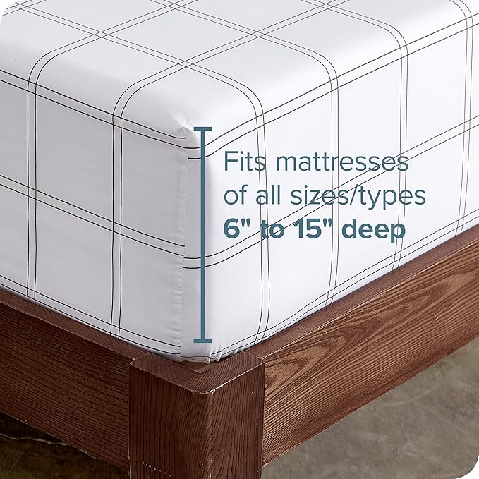 Bare Home Fitted Bottom Sheet King Size - Premium 1800 Microfiber - Ultra-Soft Hotel Luxury - Deep Pocket - Durable and Long Lasting (King, Modern Plaid - White/Grey)