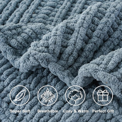 Battilo Bluish Grey Chenille Throw Blanket, Chunky Knit Throw Blanket for Couch, Soft Cozy Warm Cable Knit Blankets for Bed, Sofa, Living Room, 50"x60"