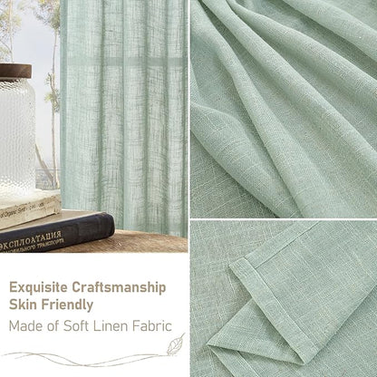 LAMIT 102 Inch Length Light Filtering Sheer Linen Curtains, Linen Textured Semi Sheer Back Tab and Rod Pocket Natural Boho Drapes for Living Room/Farmhouse, 2 Panels, Light Sage, 52 x 102 Inch